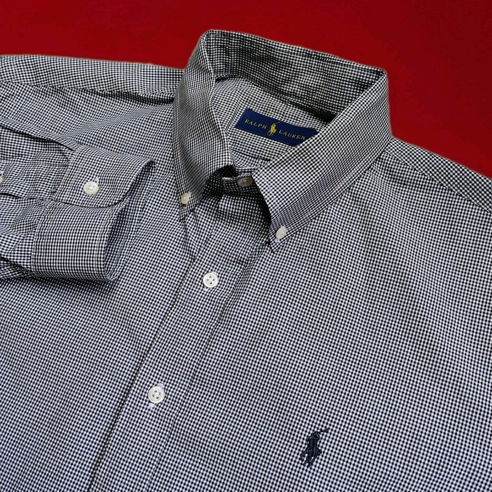 Ralph Lauren Mens XL Black Mini Gingham Check Button Down Long Sleeve Shirt Pony